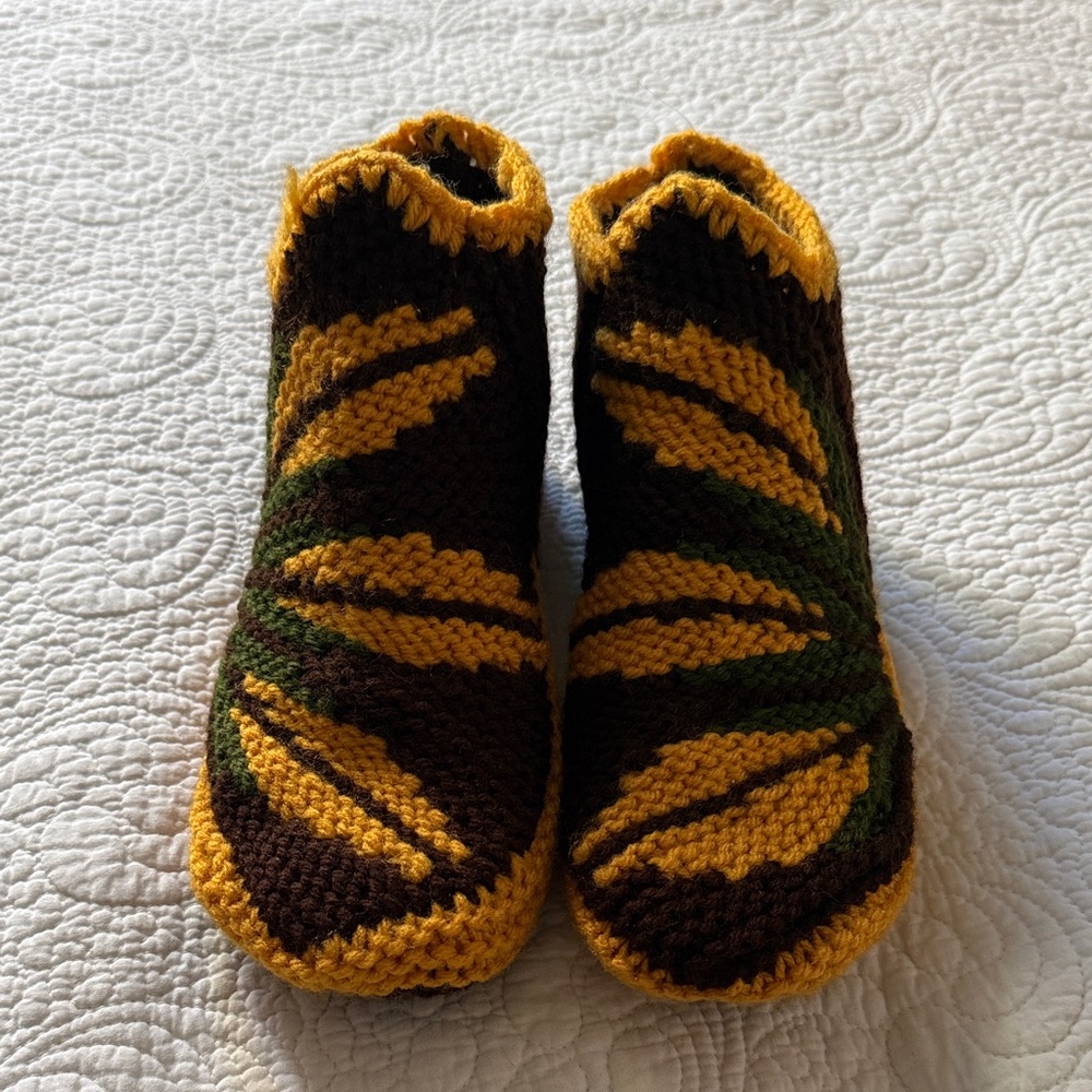 Handmade Cozy Knit Slippers - Brown, Mustard & Green